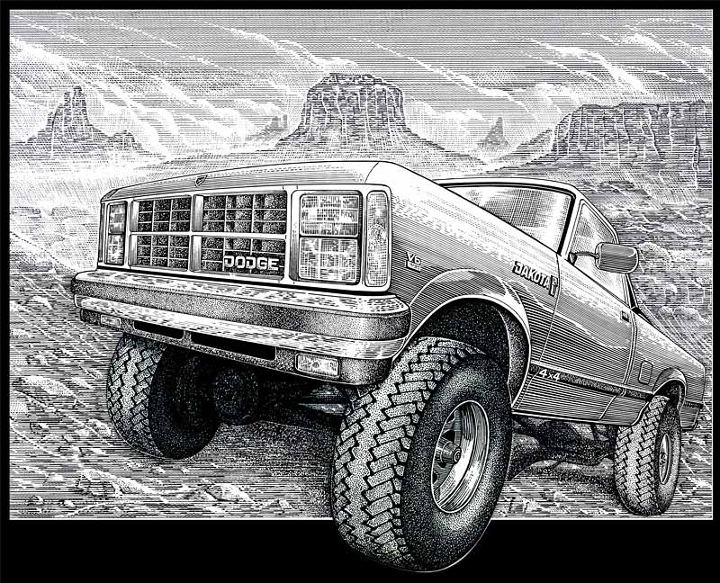 Dodge Dakota Truck, 雕刻線畫 Engraving Line Drawing, 8x10 inches