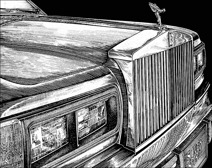 Rolls Royce, 筆墨線畫 Pen and Ink Line Drawing, 10x14 in