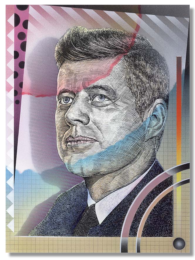 John F Kennedy, 噴槍雕刻線肖像畫	Crosshatch Line Art Airbrush Portrait Painting